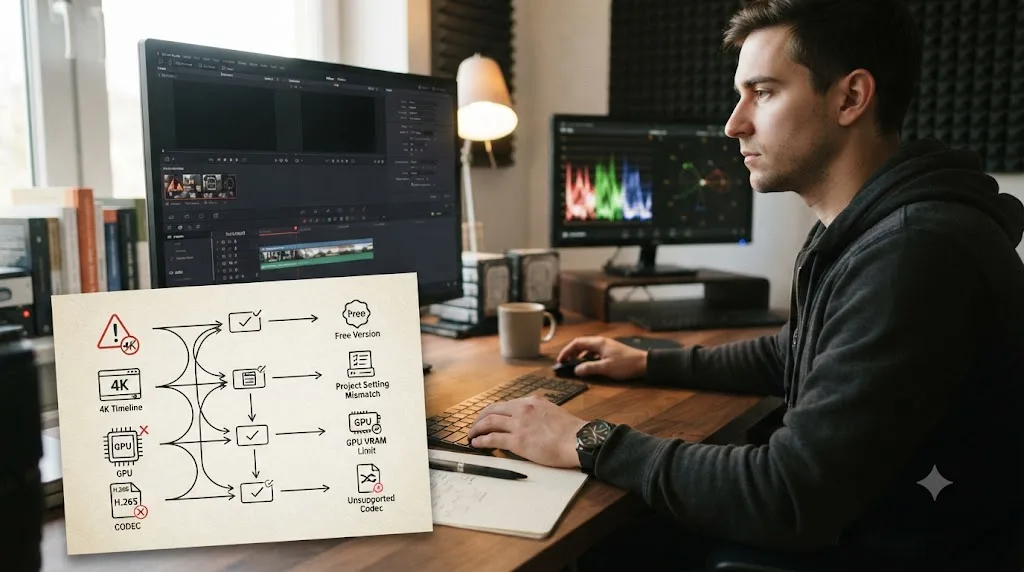 Illustration of a troubleshooting table matching DaVinci Resolve free-version export symptoms to their real causes