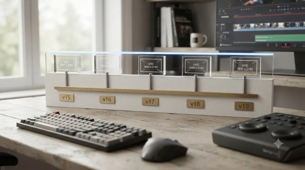 Illustration of a timeline showing the DaVinci Resolve free version's UHD export ceiling staying unchanged across versions