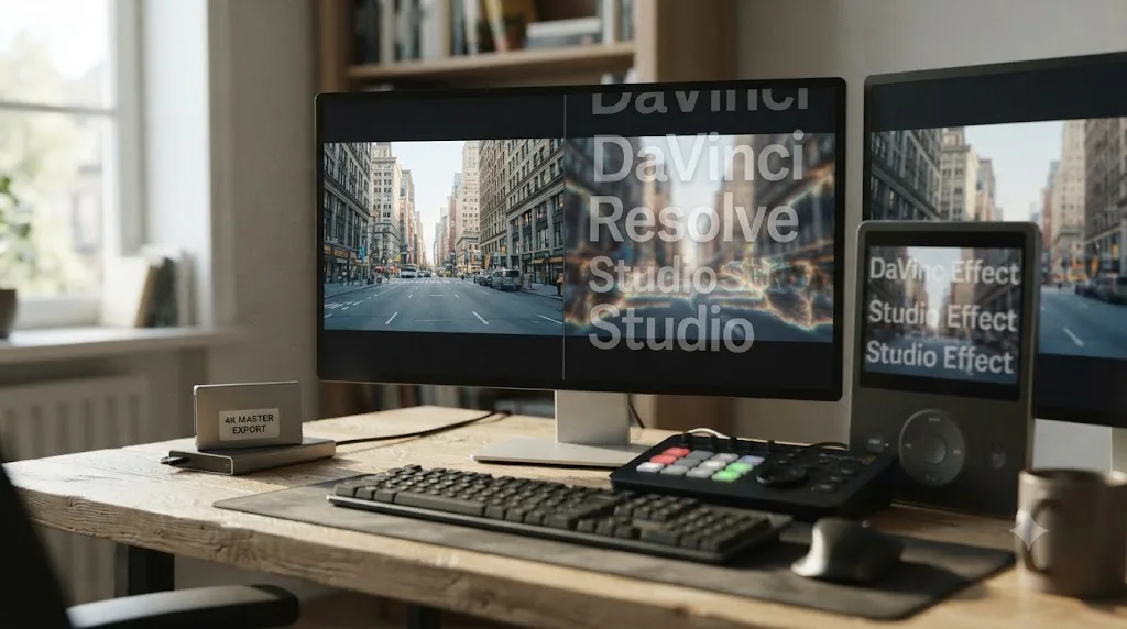 Illustration contrasting a clean DaVinci Resolve 4K export with a watermarked Studio-only effect preview