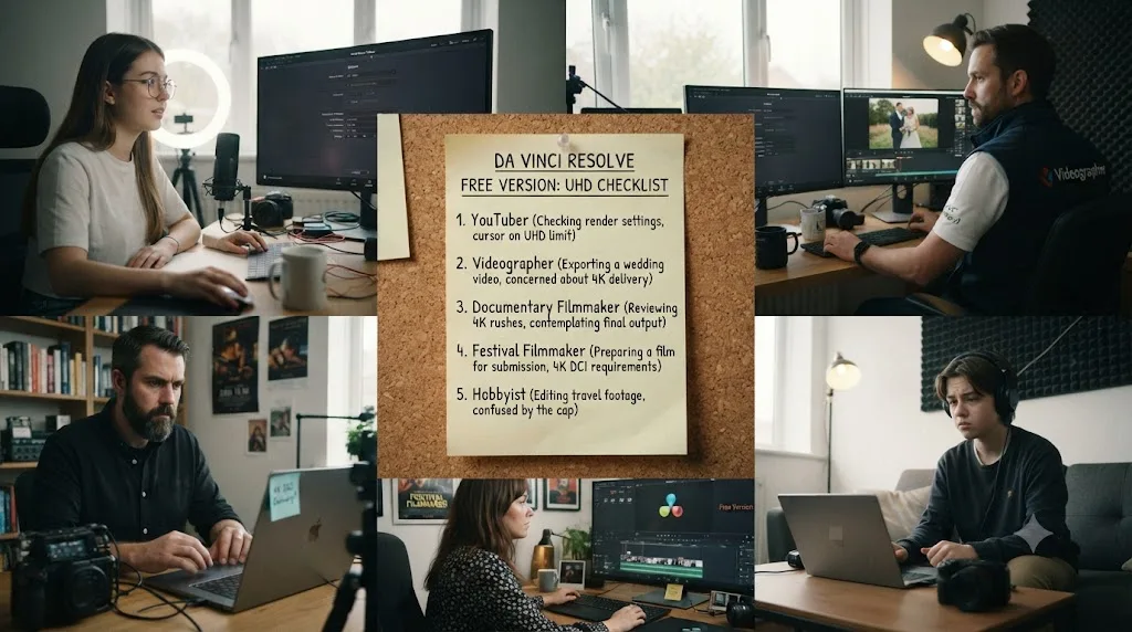 Illustration of different creator types checking whether the DaVinci Resolve free version's UHD export ceiling affects their workflow
