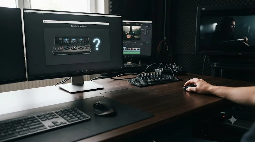Illustration of a numbered eight-step troubleshooting checklist arranged around a DaVinci Resolve splash screen icon