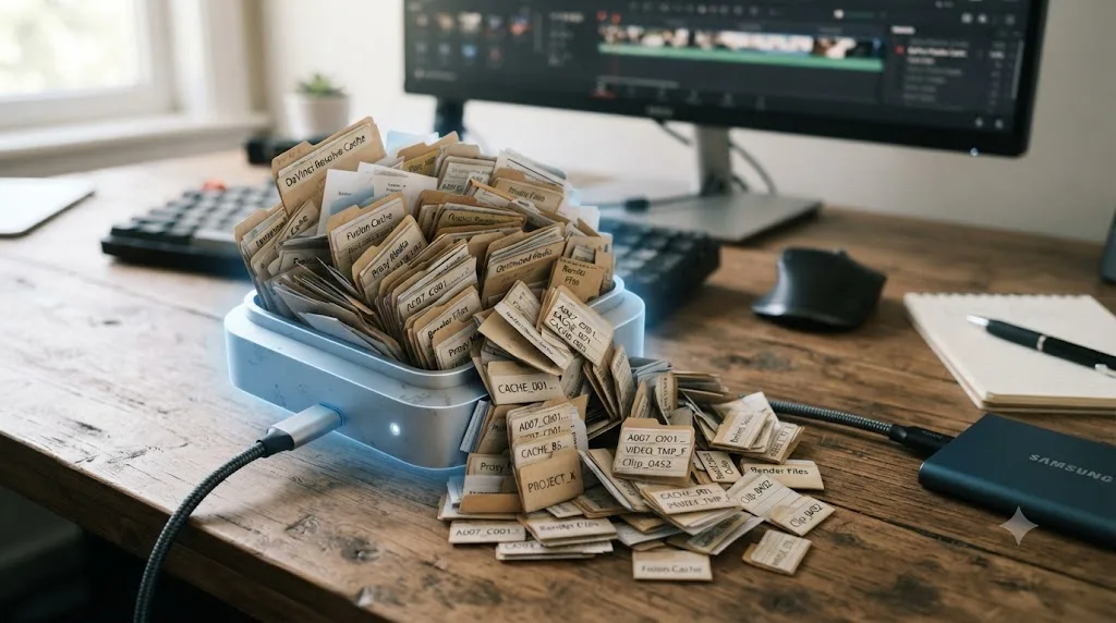 Illustration of a DaVinci Resolve splash screen frozen mid-load on a desktop monitor