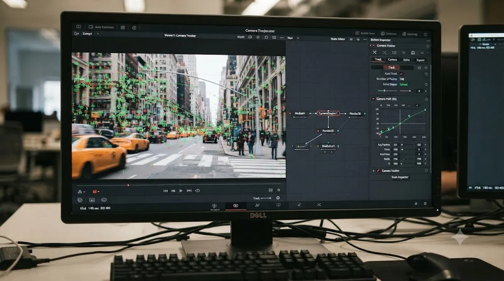 Illustration of auto-generated tracking points spread across a moving shot in DaVinci Resolve Fusion
