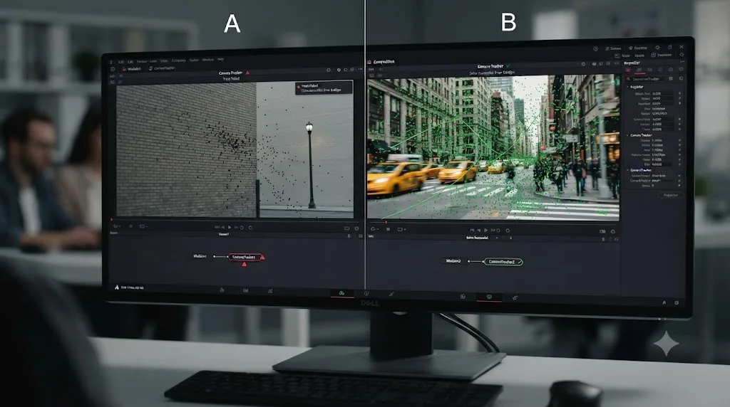 Illustration comparing a locked-off tripod shot that fails to track with a handheld shot that solves successfully in DaVinci Resolve Fusion