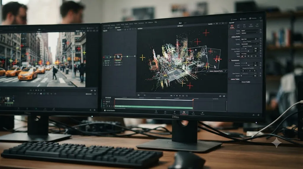 Illustration of misplaced points being manually deleted from a point cloud in the DaVinci Resolve Fusion 3D viewer