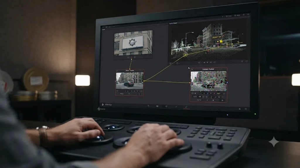 Illustration of a decision path choosing between the Planar Tracker and Camera Tracker in DaVinci Resolve Fusion