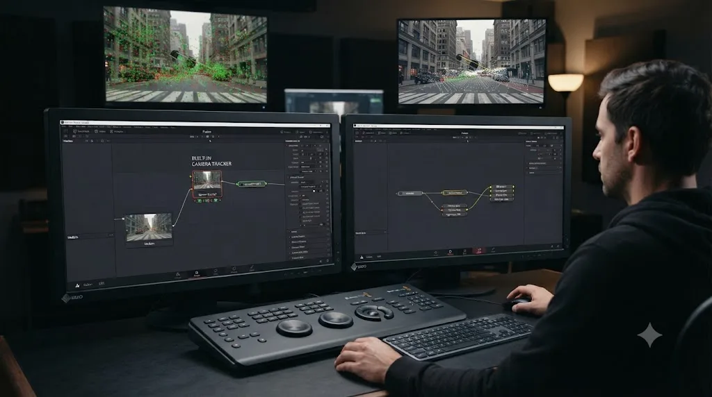Illustration comparing DaVinci Resolve's built-in Camera Tracker with a free external tracking workflow imported into Fusion
