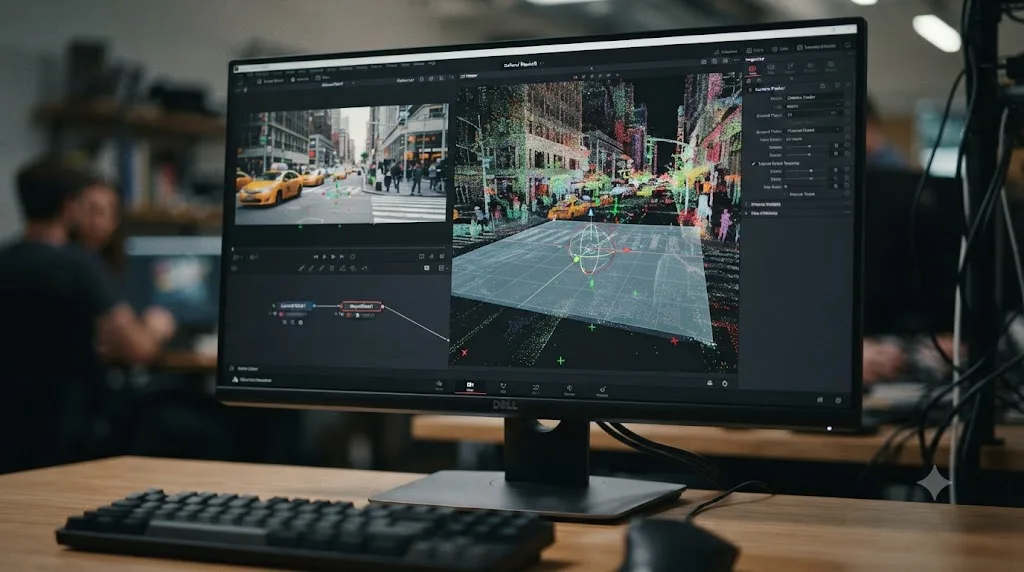 Illustration of a ground plane being aligned to selected point cloud locators in DaVinci Resolve Fusion