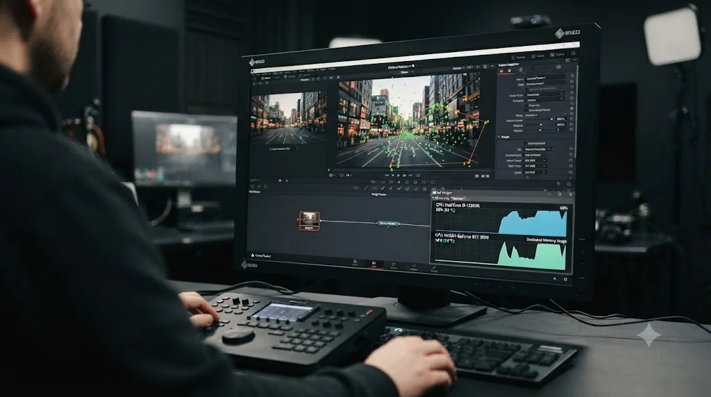 Illustration of CPU and GPU load rising during a DaVinci Resolve Fusion camera track and solve