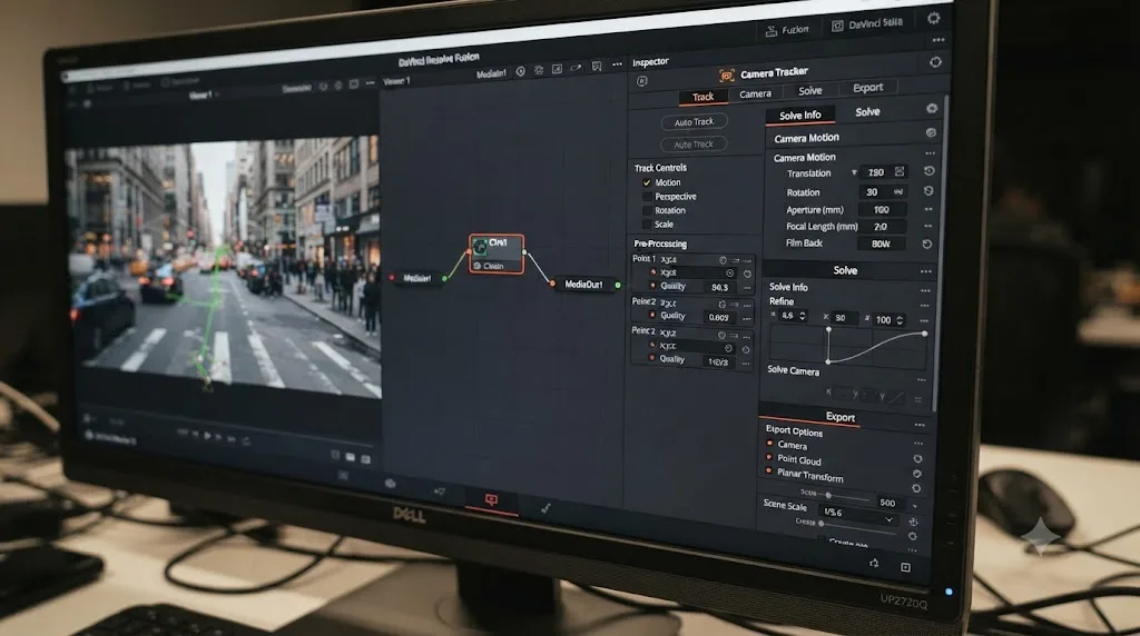 Illustration of the four Camera Tracker Inspector tabs labeled Track, Camera, Solve, and Export in DaVinci Resolve Fusion