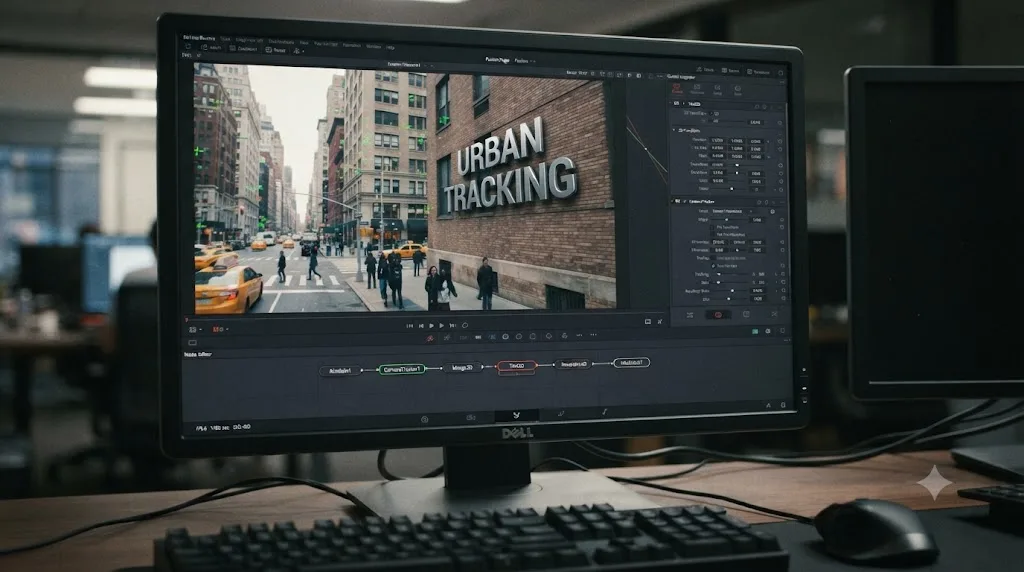 Illustration of a 3D title locked to a wall in a tracked scene moving in sync with a handheld camera pan