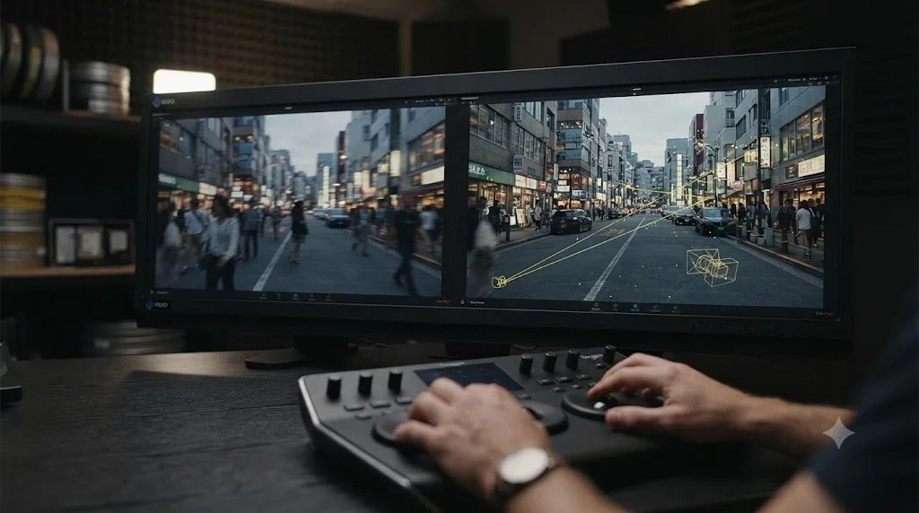 Illustration comparing raw handheld footage with the same shot showing a solved virtual camera path overlaid