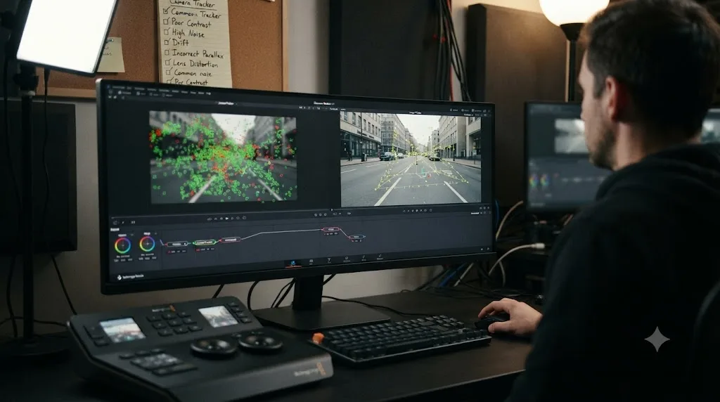 Illustration of a checklist of common Camera Tracker mistakes next to a successfully solved DaVinci Resolve Fusion track