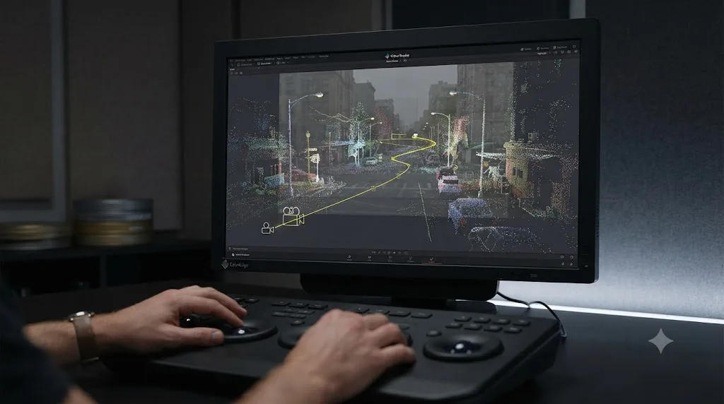Illustration of a virtual camera path and point cloud reconstructed inside the DaVinci Resolve Fusion 3D viewer
