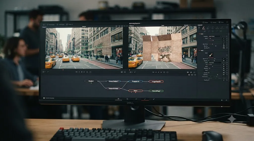 Illustration of footage projected as a texture onto a 3D plane and unwrapped for paint cleanup in DaVinci Resolve Fusion