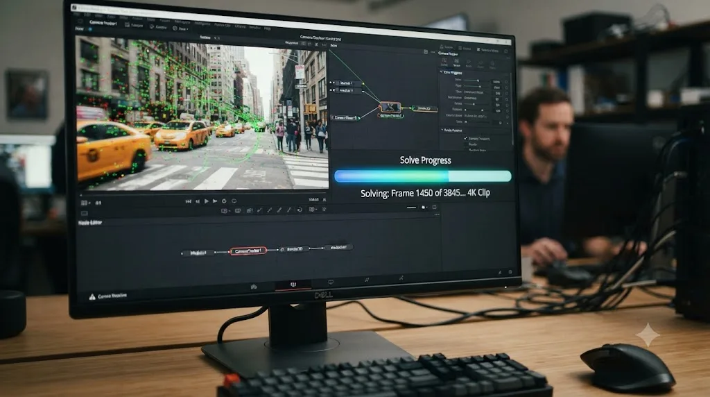 Illustration of a DaVinci Resolve Fusion Camera Tracker solve running on a long high-resolution clip