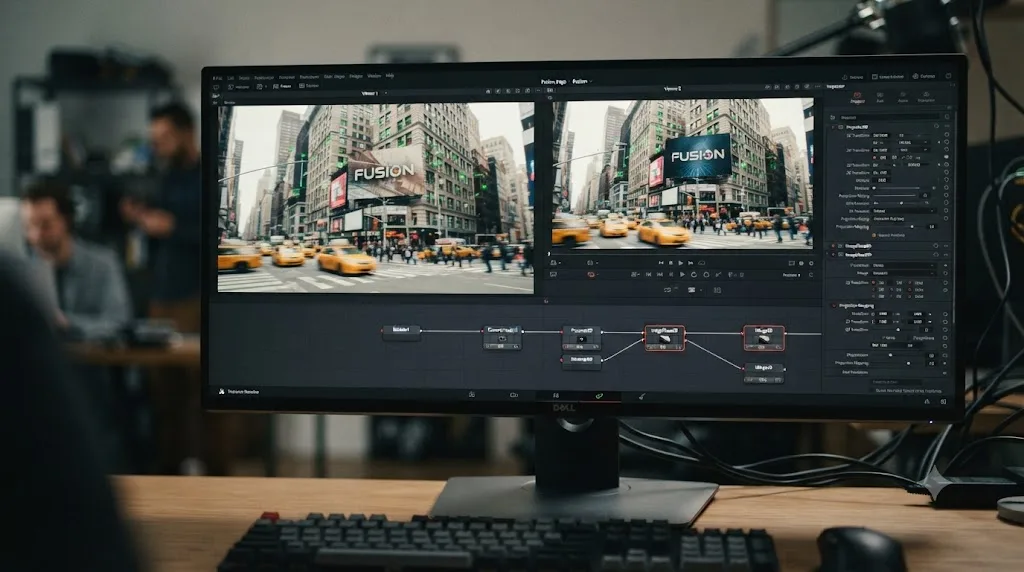 Illustration of an object being replaced in a tracked shot using a projected camera and aligned plane in DaVinci Resolve Fusion