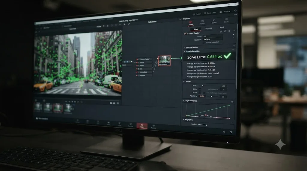 Illustration of a solve error readout under 1.0 pixel in the DaVinci Resolve Fusion Camera Tracker Solve tab