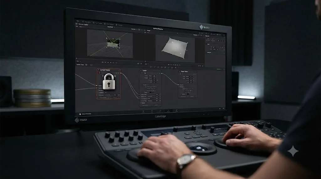 Illustration of a locked Camera Tracker node next to free Tracker and Planar Tracker nodes in DaVinci Resolve Fusion