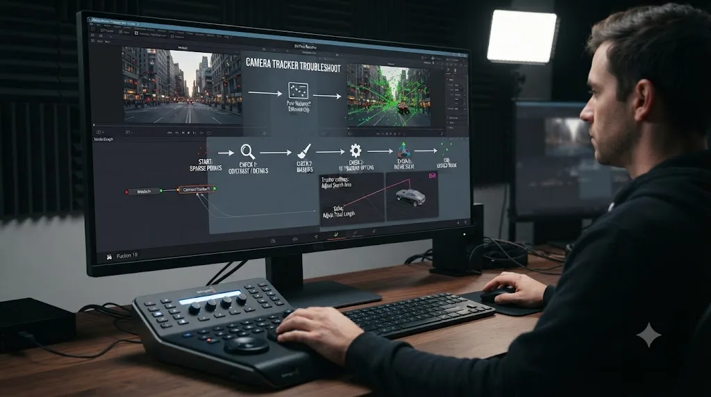 Illustration of a troubleshooting flowchart for fixing a DaVinci Resolve Fusion Camera Tracker solve