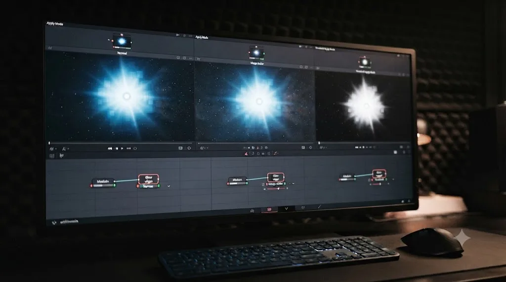 Illustration comparing Normal, Merge Under, and Threshold Apply Mode results on a DaVinci Resolve Fusion Glow node