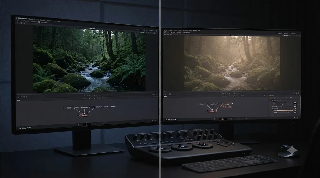 Illustration comparing a shot with subtle atmospheric Soft Glow haze applied to the same shot with no glow in DaVinci Resolve Fusion