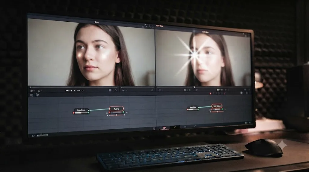 Illustration of a DaVinci Resolve Fusion Glow node result looking different in the Fusion Viewer compared to the Edit page monitor