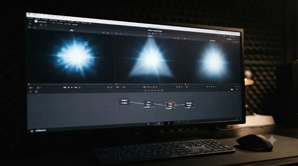 Illustration comparing Box, Bartlett, and Gaussian filter methods applied to the same glowing highlight in DaVinci Resolve Fusion
