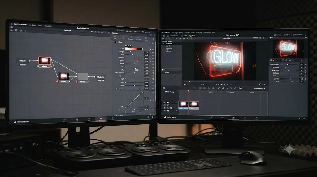Illustration comparing the DaVinci Resolve Fusion Glow node controls to the separate Edit page Glow ResolveFX panel