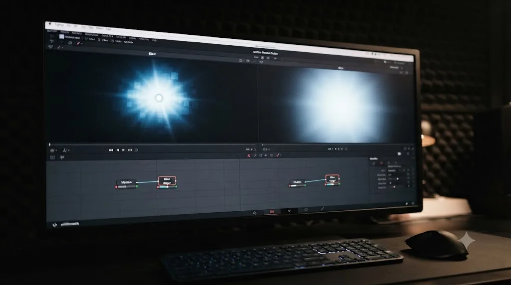 Illustration comparing a small and a large Glow Size setting applied to the same highlight in DaVinci Resolve Fusion