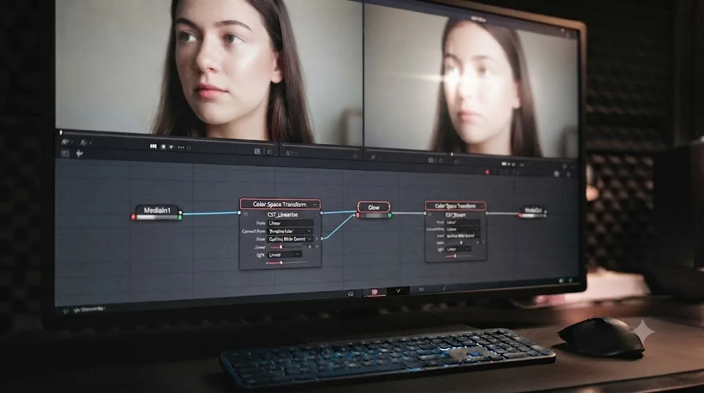 Illustration of Color Space Transform nodes wrapping a Glow node to process it in linear light in DaVinci Resolve Fusion