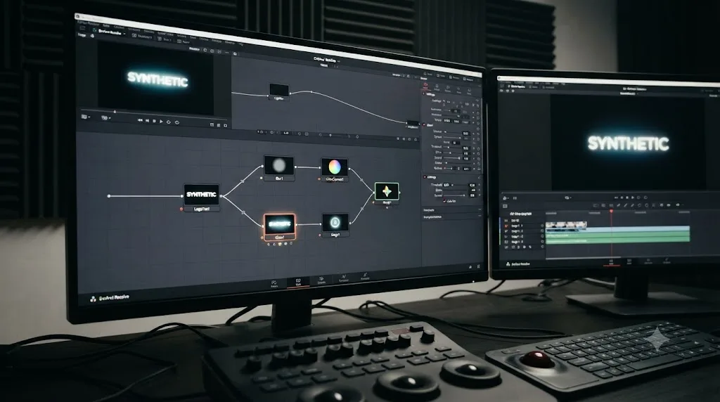 Illustration of a glowing logo reveal built from a branched Glow node chain in DaVinci Resolve Fusion