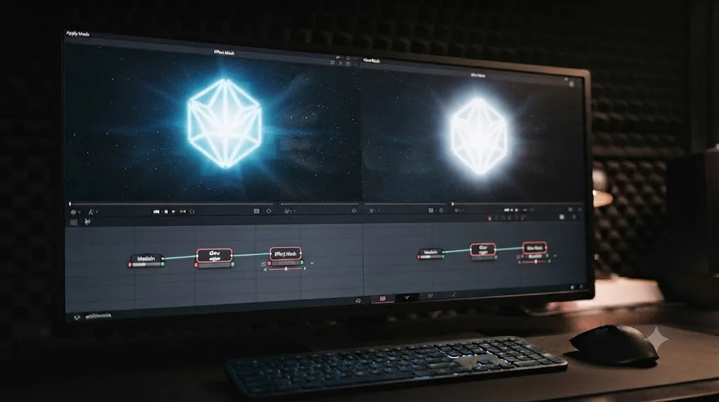 Illustration comparing an Effect Mask confining a glow to a shape versus a Glow Mask letting the glow spill past its edges in DaVinci Resolve Fusion