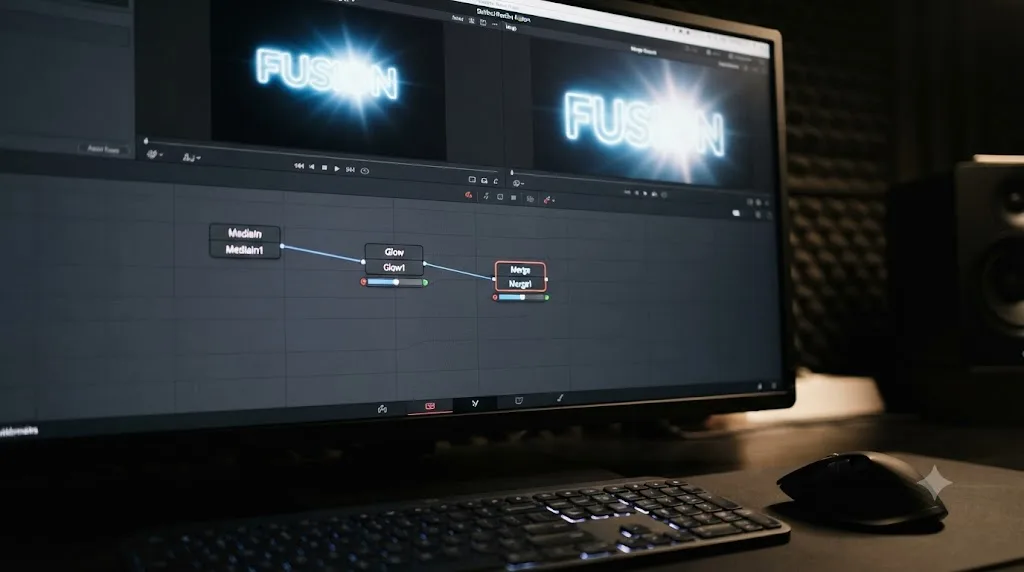 Illustration of a DaVinci Resolve Fusion Glow node connected in a node chain with a bright highlight blooming outward