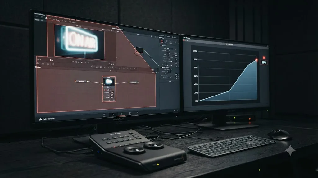 Illustration of GPU load increasing as a Glow node's effect area expands past the frame edge in DaVinci Resolve Fusion