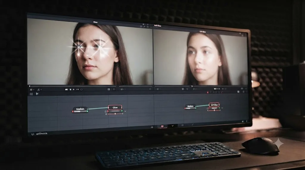 Illustration comparing a graphic Glow node result to a softer, more natural Soft Glow node result on the same shot in DaVinci Resolve Fusion