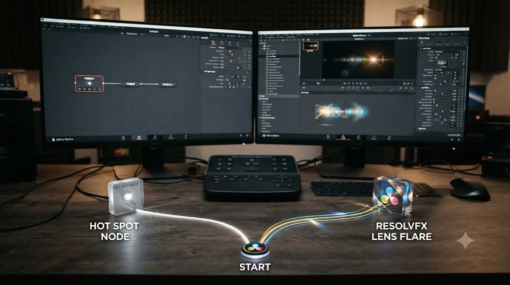 Illustration of a decision diagram choosing between the DaVinci Resolve Hot Spot node and ResolveFX Lens Flare plugin