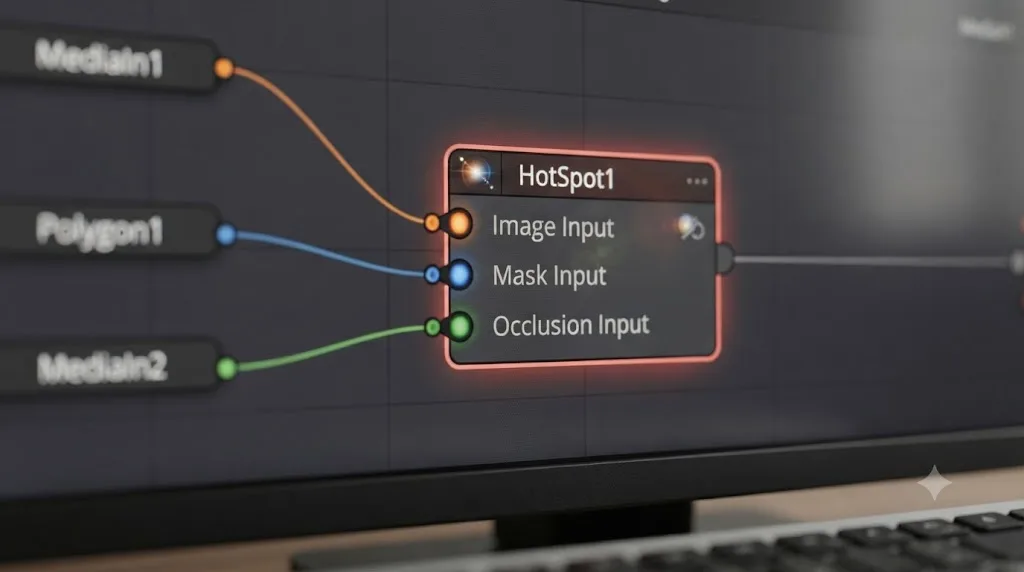 Illustration of the three labeled input ports on a DaVinci Resolve Fusion Hot Spot node