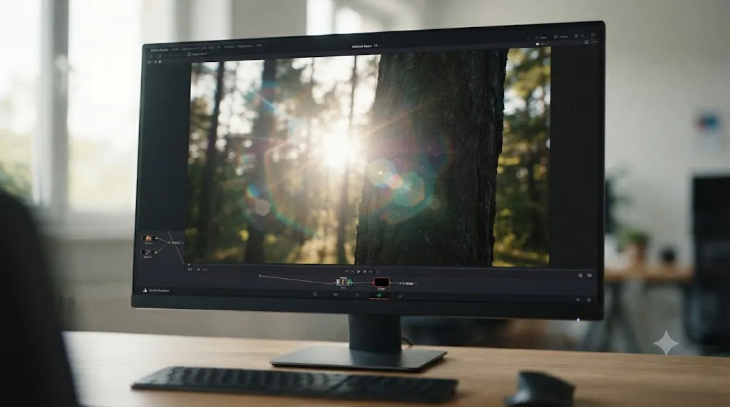 Illustration of a lens flare disappearing behind a foreground tree trunk using an occlusion matte in DaVinci Resolve Fusion
