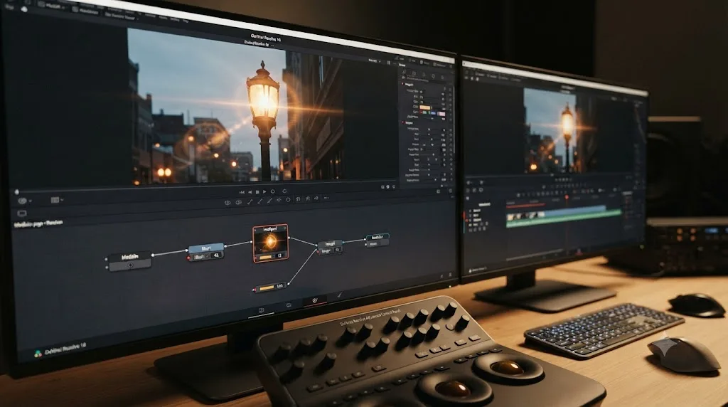 Illustration of a lens flare being shaped over a streetlight in the DaVinci Resolve Fusion page