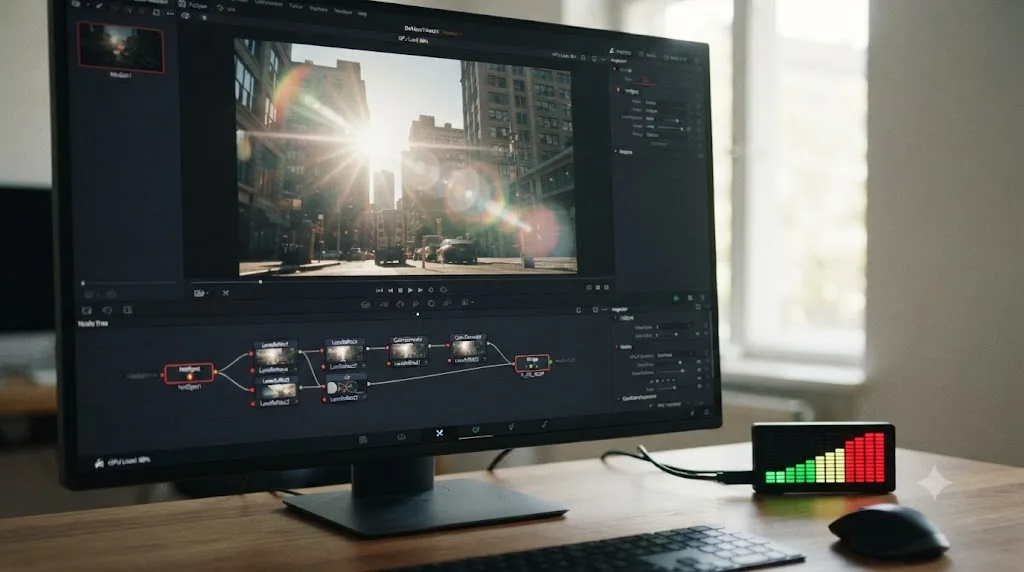 Illustration of GPU load rising as a tracked lens flare with multiple layers is added in DaVinci Resolve Fusion