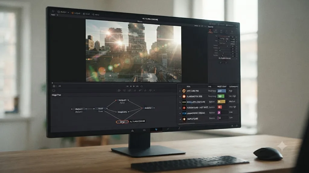 Illustration of a comparison chart of built-in and third-party lens flare tools for DaVinci Resolve