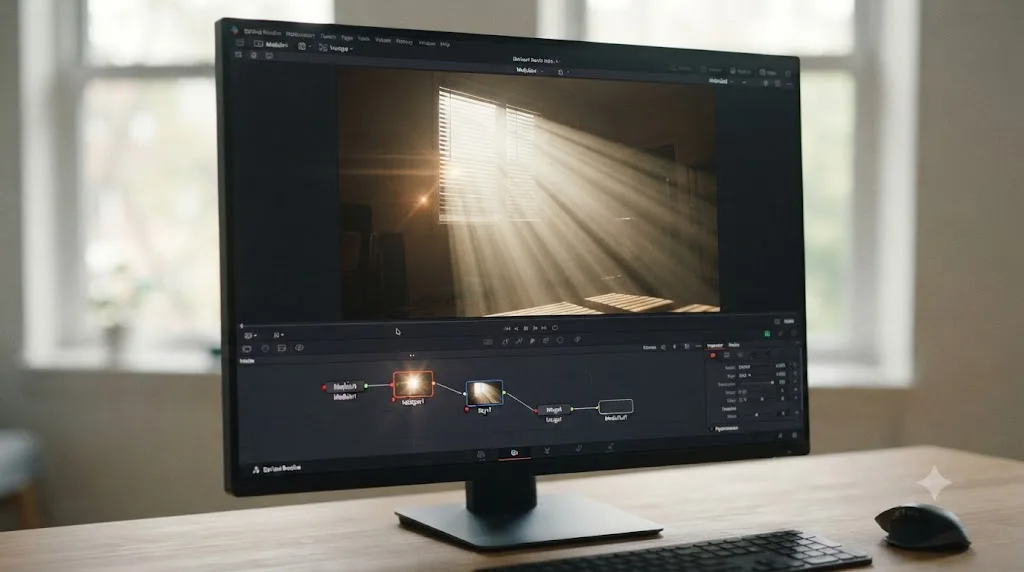 Illustration of a Hot Spot node combined with a Rays node to create sunbeams through blinds in DaVinci Resolve Fusion