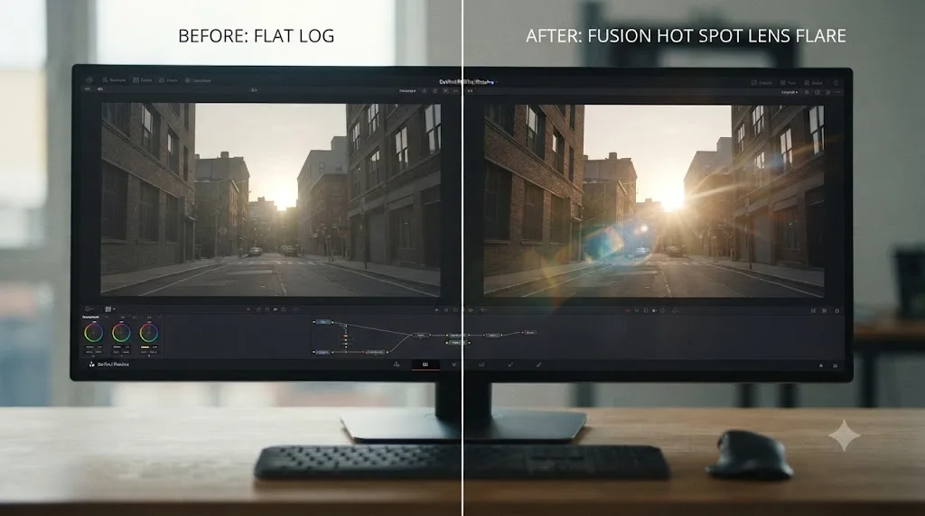 Illustration comparing a flat shot with the same shot after adding a subtle color-matched lens flare in DaVinci Resolve