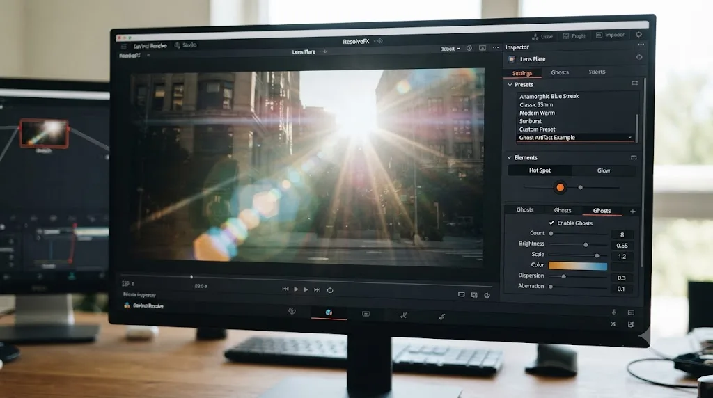 Illustration of the ResolveFX Lens Flare plugin preset panel with a ghost artifact enabled in DaVinci Resolve