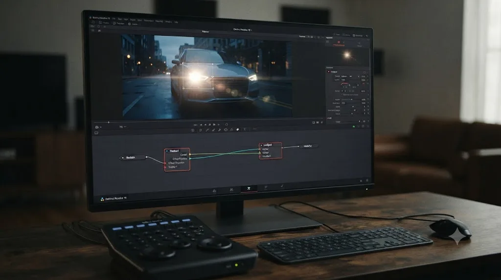 Illustration of a Tracker node following a car headlight and driving a DaVinci Resolve Fusion Hot Spot node