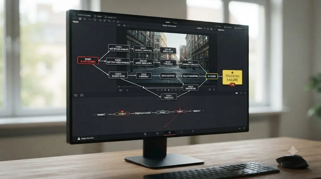 Illustration of a troubleshooting flowchart for fixing a DaVinci Resolve Fusion Hot Spot lens flare