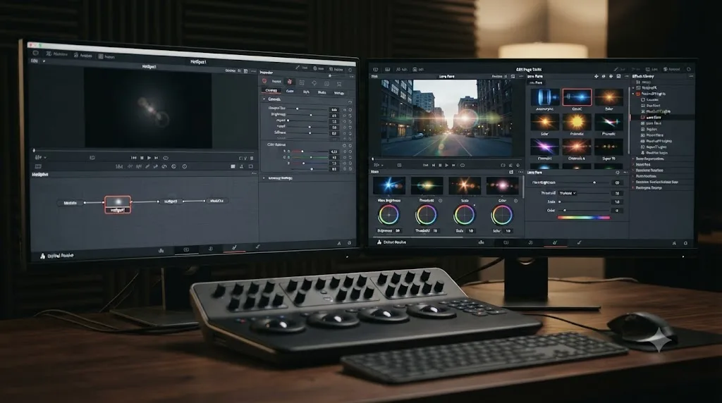 Illustration comparing the DaVinci Resolve Hot Spot node Inspector with the ResolveFX Lens Flare plugin panel