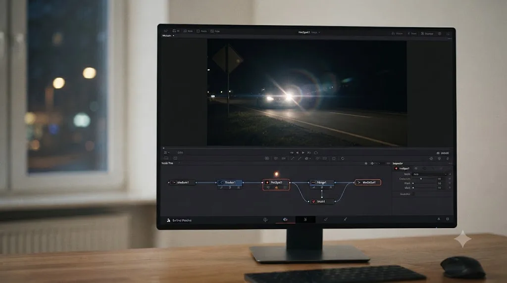 Illustration of a finished DaVinci Resolve Fusion node chain for a tracked and occluded headlight lens flare