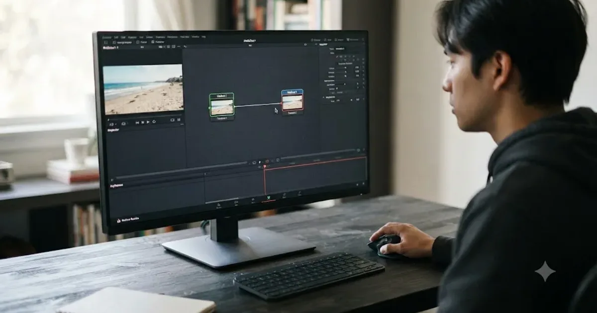 Illustration of a beginner connecting nodes in the DaVinci Resolve Fusion page